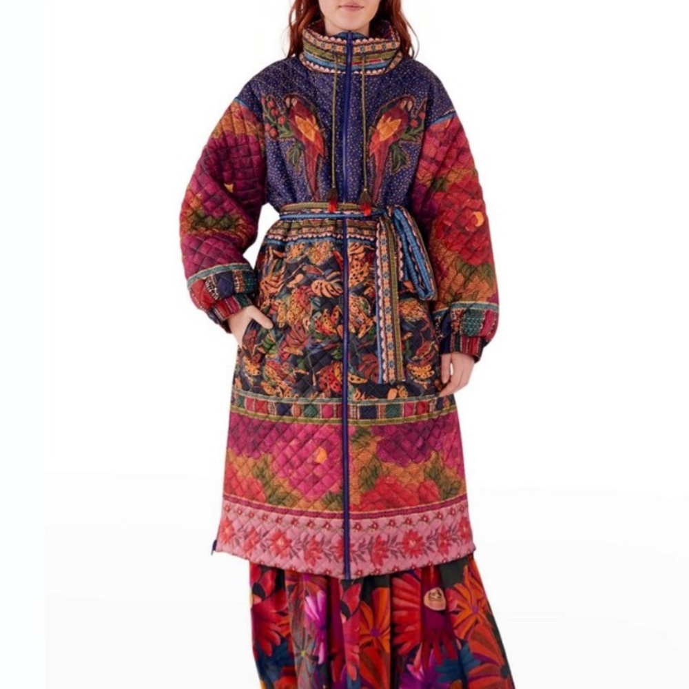 FARM RIO Mixed Patchwork Reversible Midi Belted Puffer Jacket (NWOT)